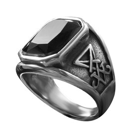 bahamut Baphomet Black Gemstone Ring Sigil of Lucifer Satan Symbol Signet Ring for Men,Fallen Angels Satanic Jewelry (Black Gemstone, 9)