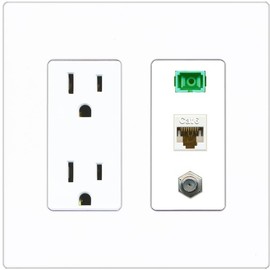 RiteAV 1 Port Fiber Optic Jack SC Simplex APC + Cat6 + Coax Wall Plate - Outlet [Screwless White]