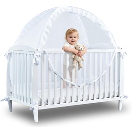 Baby Crib Tent Safety Net to Keep Baby in, Pop Up Crib Tent Canopy Keep Baby from Climbing Out, Mosquito Net for Baby Crib, Ultra Stable Frame, Durable Strong Self-Locking Zipper, White