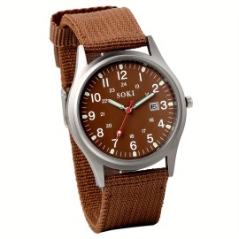 Men'S Outdoor Sports Watch Featuring an Analog Quartz Movement, Round Case, Green Nylon Band, 24-Hour MarkingsColor: Coffee Brown