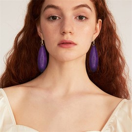 KVANU Bohemian Retro Black Brown Natural Wooden African Teardrop Dangle Drop Earrings Lightweight Handmade Long Big Vintage Wood Geometric Earrings for Women (Purple)