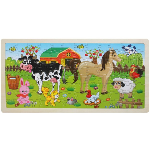PROW® 96 Piece Colorful Wooden Jigsaws Puzzles Farm Animal Kids Develop Brain Puzzle with Storage Tray for Over 14 Years Old Children Ideal Gifts, 17.7 * 8.8inch
