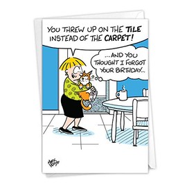 NobleWorks - 1 Funny Belated Birthday Card - Colorful Cartoon Cat Art, Comedic Jokes, Bday Notecard - Cat Present C9303BEG