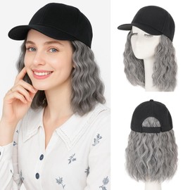 MY-LADY Hat Wig Hat with Hair Attached for Women Baseball Cap with Hair Extensions Adjustable Short Wavy Synthetic Hairpiece 8" Black Cap to 4/60/88A