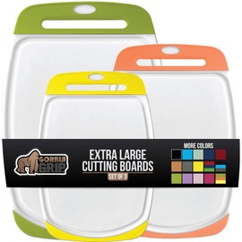 Gorilla Grip Reversible, Oversized, Thick Cutting Board Set of 3, Easy Grip Handle, Deep Juice Grooves, Slip Resistant, Large Kitchen Chopping Boards for Meat, Veggies, Fruits, Dishwasher Safe, Lemon