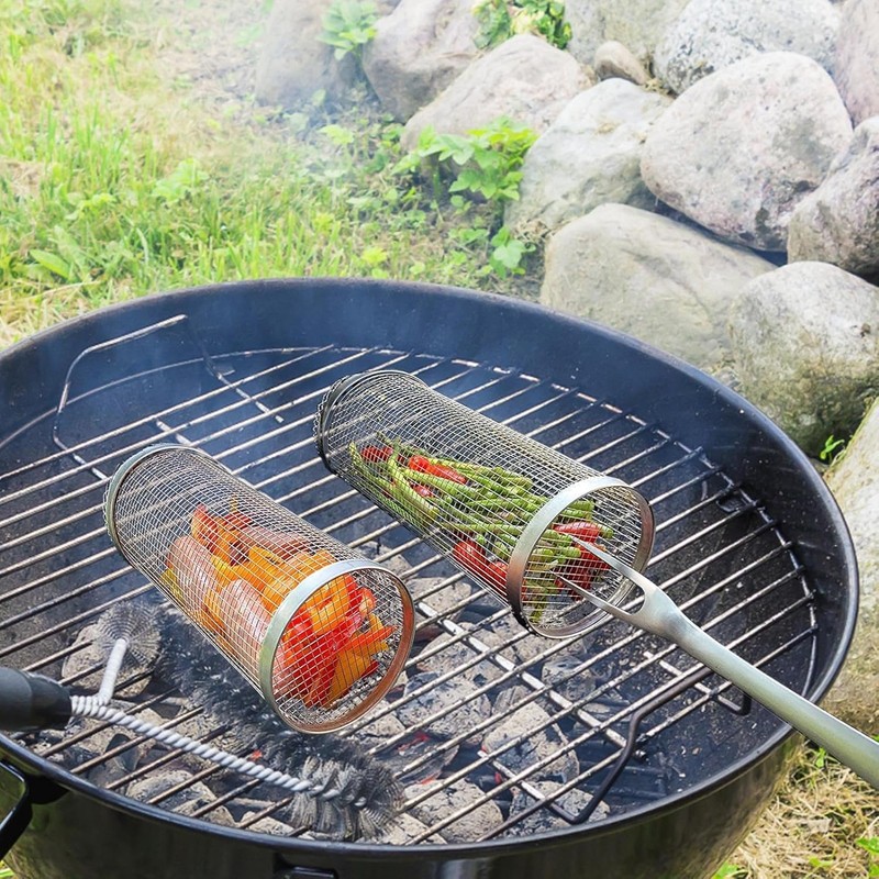 Stainless Steel Cylindrical BBQ Basket Reusable Round Grill Net, Perfect