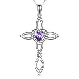 YAFEINI Kreuz Kette Sterling Silber Keltisch Herz Unendlichkeit Anhänger Halskette Schmuck für Damen Mädchen (Kreuzkette – Geburtsstein Februar)