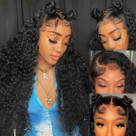 Water Wave Lace Front Wigs Human Hair Wigs for Women 28 Inch 13x4 HD Lace Frontal Wigs Human Hair Pre Plucked 150% Density Wet and Wavy Curly Lace Front Wigs Human Hair Natural Color