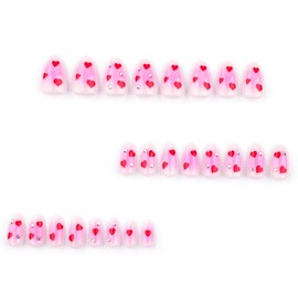 24Pcs Red Heart Acrylic Fake Nail Valentines Press on Nails Glossy Rose Red Gradient Short Almond False Nails Rhinestones Stick on Nails Romantic Gift Gel Glue on Nails for Coquette Women Girls