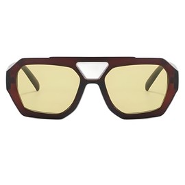 ADE WU Trendy Square Aviator Sunglasses for Women Vintage 70s Fashion Thick Double Bridge Hexagon Sun Glasses Aviator Style (Brown Frame/Kahaki Lens)