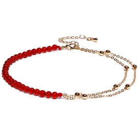 XHUUU Layered Plated 14k Gold Anklet Agate Healing Crystals Ankle Bracelets for Women Simple Beach Anxiety Stress Relief Jewelry(Red Agate)