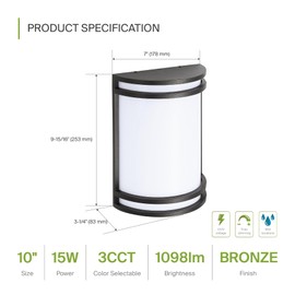 ASD 10 Inch LED Outdoor Wall Mount Light Fixture - Oil Rubbed Bronze Modern Wall Sconce Lighting - 15W 3000K 4000K 5000K Adjustable - Dimmable Exterior Lights - Front Door & Patio Lamp - ETL, 2 Pack