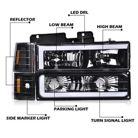 ALLGOOD LED Headlight Assembly Front Headlamp, Compatible with GMC C/K1500 C/K2500 Yukon Suburban 1994-1999, Fit GMC C/K2500 C/K3500 1994-2000, Clear Lens Black Housing Amber Reflector