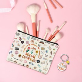 JFEHBFL 2Pcs Social Worker Gifts Set for Women, Social Worker Makeup Bag, Keychain Inspirational Gift, Birthday Thanksgiving Graduation Gifts for Female Teacher Colleague Friend