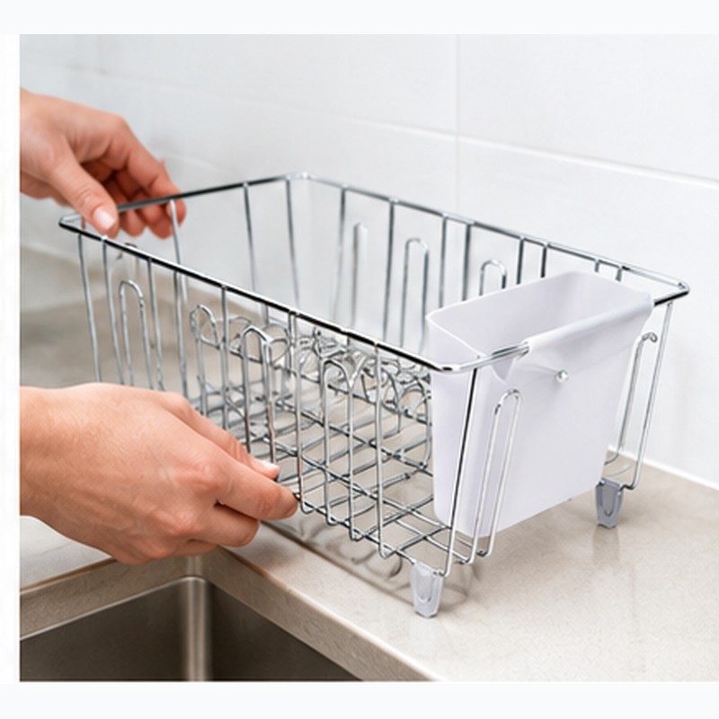 Small Stainless Steel Wire Dish Rack with Cutlery Cup –
