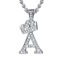 U7 Steel A Necklace, Initial Letter Stainless Steel Iced Out Diamond Pendant Hip Hop Crown Alphabet Initial Necklaces