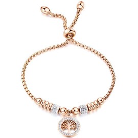 Jude Jewelers Stainless Steel Tree of Life Charm Ajustable Size Strand Bracelet (Rose Gold)