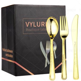 210-Piece Premium Plastic Cutlery Set: Includes 90 Forks, 60 Spoons, 60 Knives - Heavy-Duty Disposable Silverware for Parties, Weddings & Catering Events - Elegant & Durable Utensils Kit (Gold)