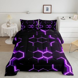 Boys Honeycomb Comforter for Kids Men Girls Modern Geometry Hexagon Bedding Set Purple Decor Comforter Set Grid Art Quilt Collection 3Pcs Full Size