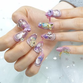Flower and Butterfly Handmade Nail Tips - Short Straight Coffin / 꽃과나비 수제네일팁 - 숏일자형코핀