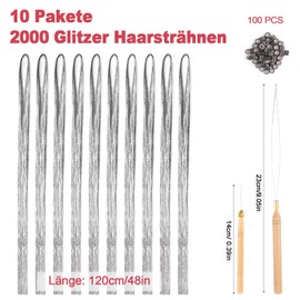 Deepton 2000 Hair Tinsel, 120 cm Glitter Hair Strands with Tool, Hair Tinsel Set, Girls & Children Hair Tinsel, Glitter Strands for Hair for Women Children Cosplay Party Accessories, Silver