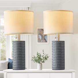 Reaketon Ceramic Table Lamp Set of 2, 20" Bedside Lamps for Living Room, Bedroom & Home Office - Modern Nightstand Lamps With Pull Chain