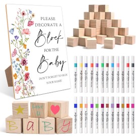 Mopwe Boho Floral Baby Shower Decorate a Block Game Set 79 Pieces,Baby Shower Blocks for Gender Reveal Games, Includes 54 Blank Baby Building Blocks, 24 Piece Pens, 1 Baby Shower Game Sign,5
