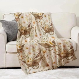 Rustic Wheelbarrow Bird Floral Throw Blanket for Adults Kids, 50x60 in, Vintage Garden Roses Theme Flannel Blankets for Bedroom, Couch, Travel, Home Decor, Fuzzy Soft Cozy Warm Gifts