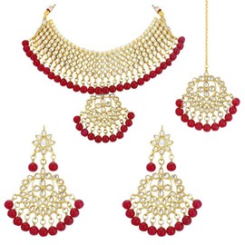 Aheli Indian Wedding Wear Faux Kundan Necklace with Maang Tikka Set Ethnic Fashion Jewelry Gift for Women Red