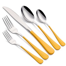 Onlycooker 20-Piece Yellow Silverware Set 18/0 Stainless Steel Flatware Yellow Handle Cutlery Set Service for 4 Dinner Knives Forks Spoons Set Mirror Finish Dishwasher Safe
