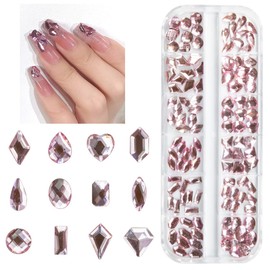 qiipii 120Pcs Pink Rhinestones Nail Charms 12 Shapes Light Pink Flatback Big Gems K9 Glass Clear Pink Nail Stones Diamonds jewels Nail Art Supplies Nail Decor for Nails Face Eyes Makeup DIY Crafts