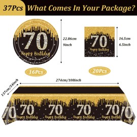 POPOYU 37Pcs Black and Gold 70th Birthday Tableware Set,Black Gold Table Cloth,70th Birthday Plates and Napkins Sets,70thBirthday Decorations for Men,Women,Him,Her BirthdayGifts Party Supplies