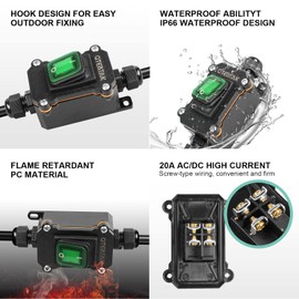 QTEATAK Inline Cord Switch Waterproof Switch DPST AC/DC 20A-125V,16A-250V,30A-24V,35A-12V, IP66 Green Open Double Hole Waterproof Box Two-Side Entry and Exit Line KCD4