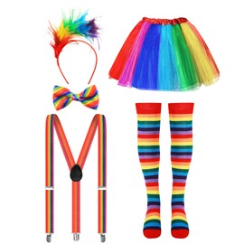 Sureio 5 Pcs Clown Costume Set for Women Circus Outfit Include Rainbow Tutu Skirt Feathers Headband Socks Suspenders Bowtie(Large)