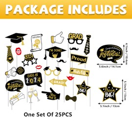 Alaiyaky Graduation Photo Booth Props Class of 2024 Graduation Decorations, 25Pcs Photo Props with Sticks Black and Gold Party Decorations, Fancy Selfie Props Graduation Props for Graduation Party