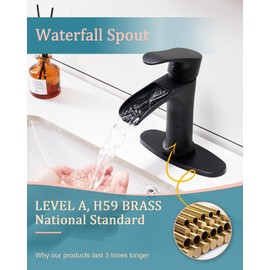 KUZOR Bathroom Faucets Matte Black Single Hole, Waterfall One Hole Bathroom Faucet with Metal Pop Up Drain, Solid Brass Faucet for Bathroom Sink, Black Matt