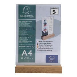 Exacompta 84258D Table Stand with Wooden Base DIN A4 Portrait Format Made of High-Quality Acrylic Can be Used on Both Sides UV Resistant Brochure Sign Flyer Holder Table Sign Brochure Holder