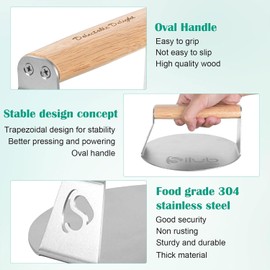 Smash Burger Press,304 Stainless Steel 6.0 Inches Round Hamburger Smasher with Anti Scald Wood Handle, Non-Stick Burger Press Perfect for Flat Top Griddle Grill Cooking