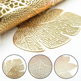 Spldsun Set of 6 Round Place Mats and Coasters, Hollowed Round Place Mats, Leaf Coasters, Place Mat Round PVC, for Non-Slip, Scratch-Resistant, Decorative Tables (Gold)
