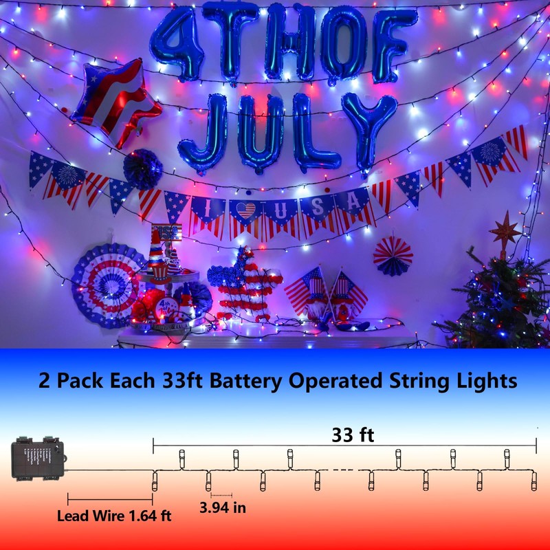 YEGUO Red White Blue Lights, 33ft 100 LED String Lights