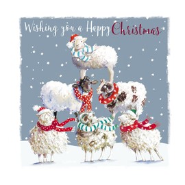 Ling Design Box of 20 Artistic Charity Christmas Cards - 'Sheep Tower and Sheep in Bobble Hats' - Lovely Artistic Designs - 20 Cards, 10 Each of 2 Designs
