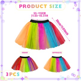FUIPVGI 3 Pieces Tutu Skirt, Neon Colours, Neon Tutu Skirt Women's 80s Fancy Dress, Tutu Fairy, Neon Party Accessories, 80s Costume, Rave Retro Outfit (Rainbow)
