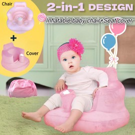 Baby Inflatable Sofa With Plush Cover for Babies 4-24 Months Built in Air Pump Infant Back Support Seat Toddler Sofa for Sitting Up Baby Indoor Seat Floor Seater Gifts (Pink flower + Cover)