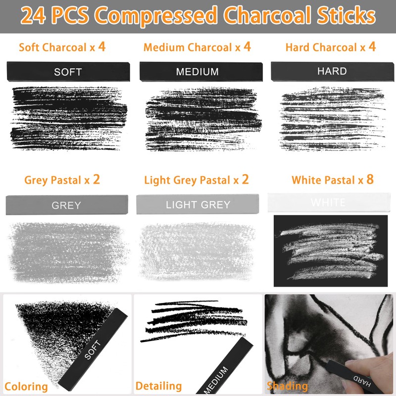 Dlicoda 24 Pcs Compressed Charcoal Sticks with Soft, Medium, Hard