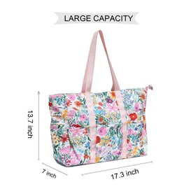 ESVAN Utility Tote Bag Weekender Duffle Bag with 13 Pockets - Perfect for Travel, Work, Gym, Beach, Teachers, and Nurses (Corduroy Pink Flower)