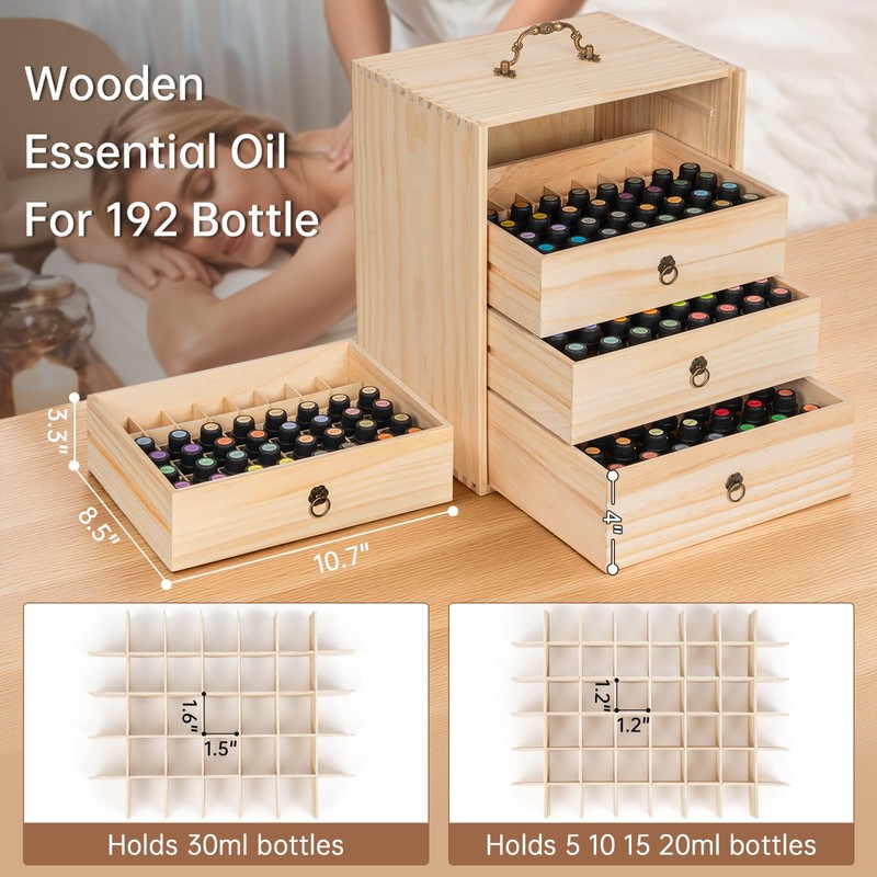 TORIBIO Essential Oils Box for 192 Bottles, Wooden Essential Oils