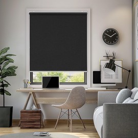 ChrisDowa Cordless Blackout Roller Shade with Spring System Room Darkening UV Protection Jacquard Fabric Blackout Blinds for Indoor Window Shades Pull Down for Home and Office, Black, 23" W x 72" H