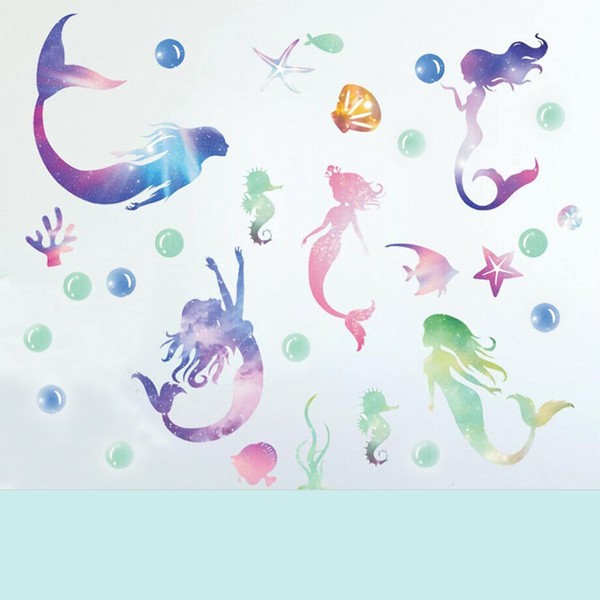 Hoshisea Mermaid Wall Sticker, Cartoon, Under the Sea Wall Sticker, Colourful Mermaid Wall Sticker, Underwater World Wall Sticker, Used in Bedroom, Living Room, Bathroom, Leisure Room