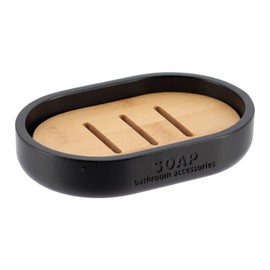 Sleek Matte Black Soap Dish with Bamboo Base - Polyresin Soap Tray for Sophisticated Decor (Black, Soap Dish Only)
