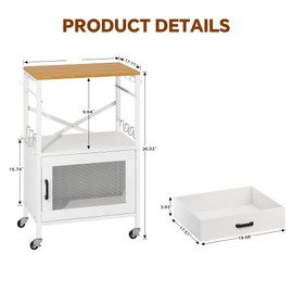 Homeiju Kitchen Island Cart, Kitchen Storage Cart with Drawer, Microwaves Stand, Coffee Cart, Rolling Kitchen Cabinet Cart with Hooks for Kitchen, Dining Room, White